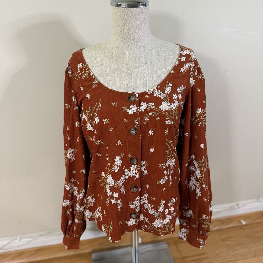 Madewell Corduroy Shirred-Sleeve Button-Front Top Farmstand Bouquet Rusty S Fall